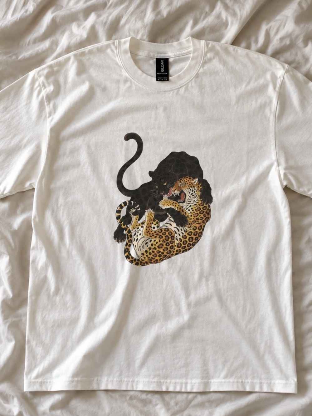 Gildan White Short Sleeve Tee with Leopard & Panther Graphic